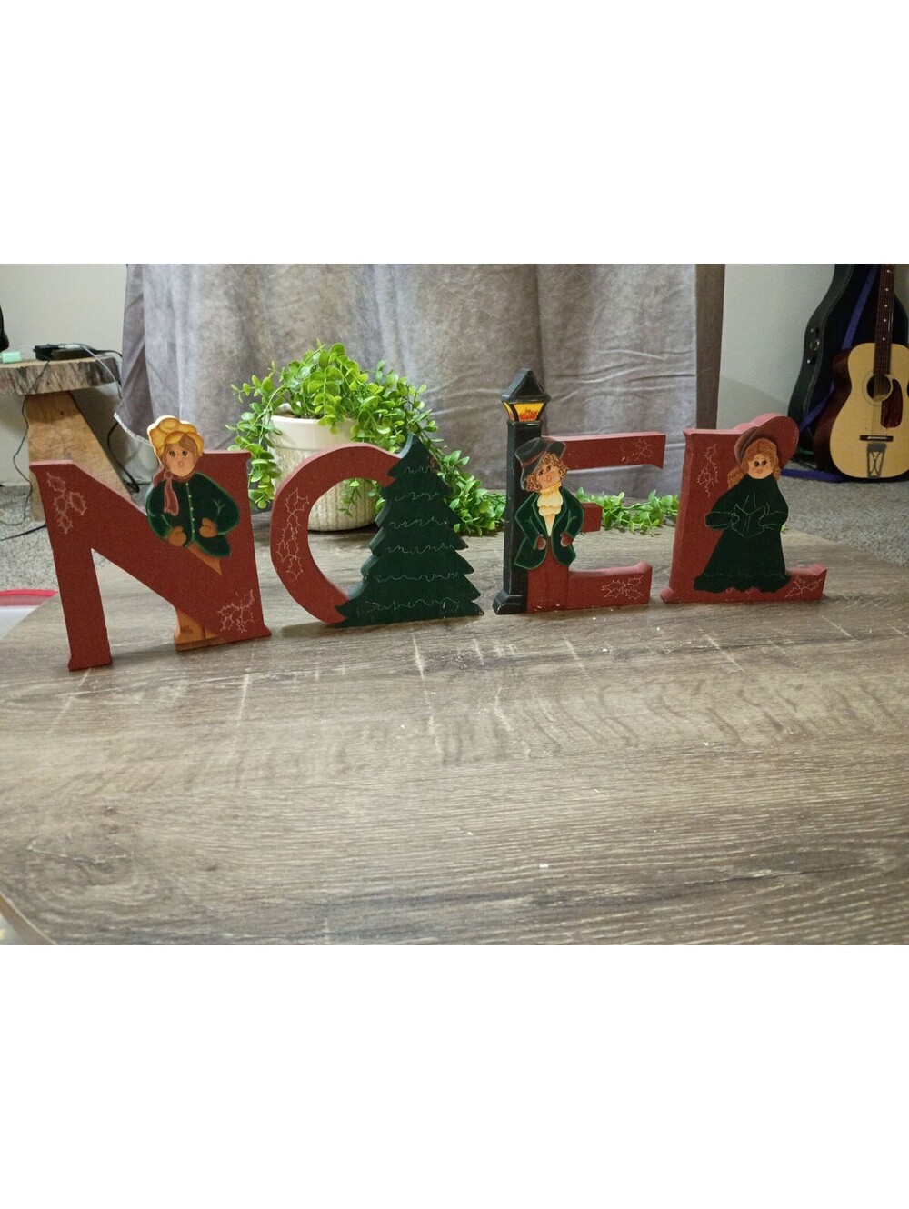 Vintage Wooden Noel Christmas Decoration with Hand-Painted Carolers and Tree